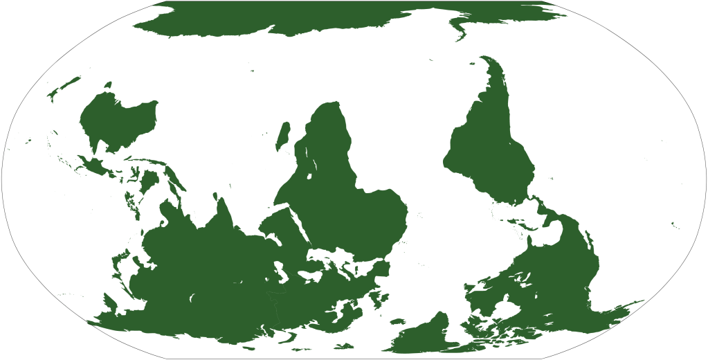 World map with the North Pole at the bottom and South Pole at the top